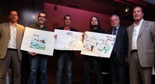 Imatge de Jordi Cordón, Ramon Ramos i LluísTorrent, amb els dibuixants Xavier Carrasco, Ceis Piñol i Nacho Fernández.
