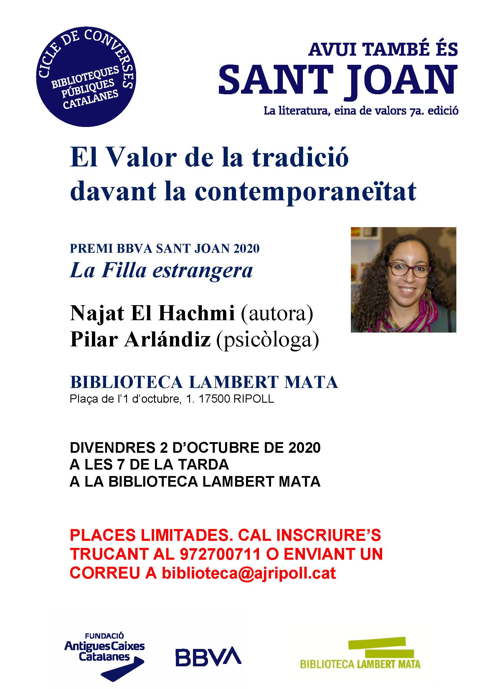 Cartell: xerrada "El valor de la tradició davant la contemporaneïtat", amb Najat El Hachmi (autora) i Pilar Arlándiz (psicòloga)