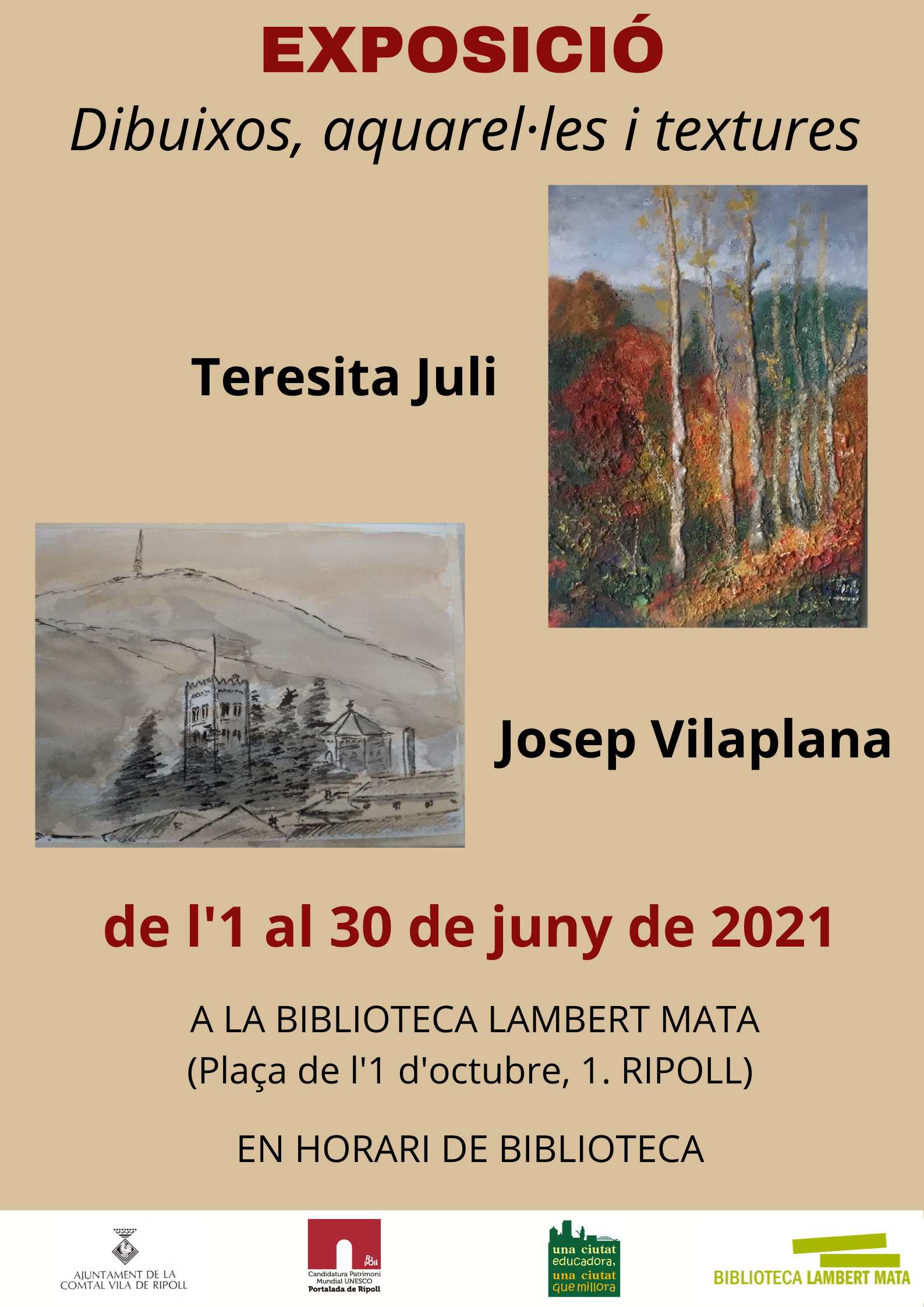 Cartell: exposició "Dibuixos,  aquarel.les i textures" de Teresita Juli i Josep Vilaplana