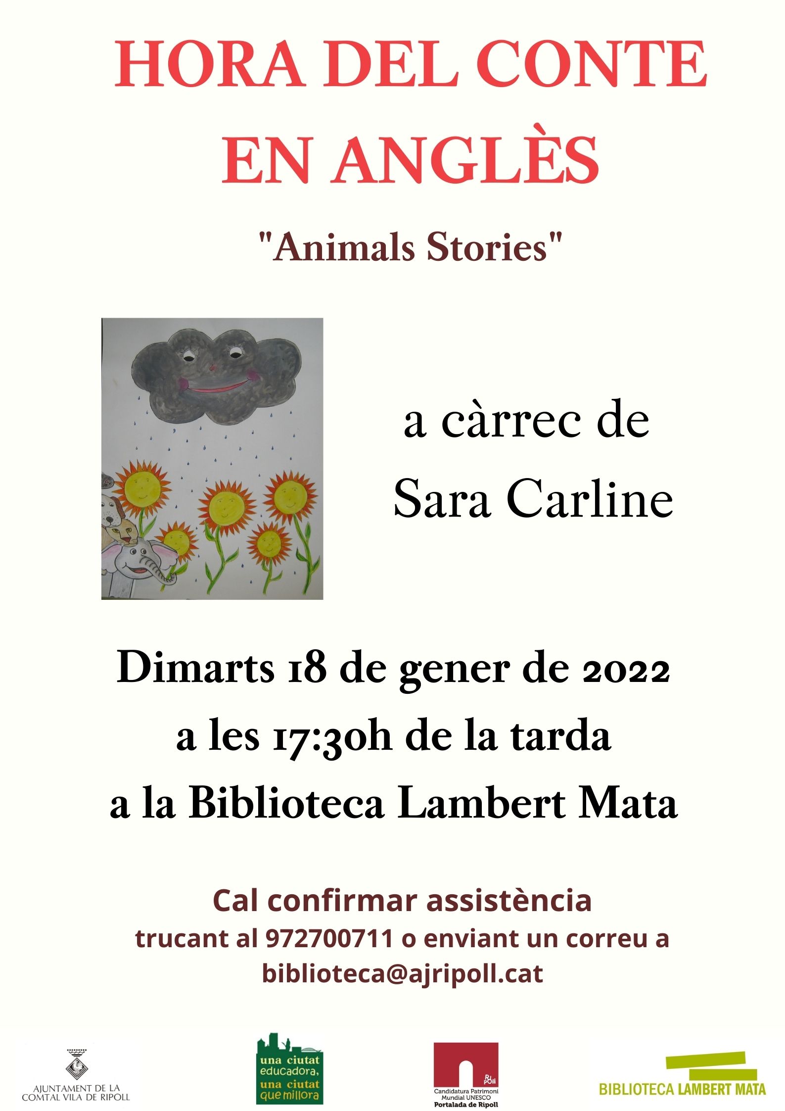 Cartell hora del conte en anglès "Contes d'animals"