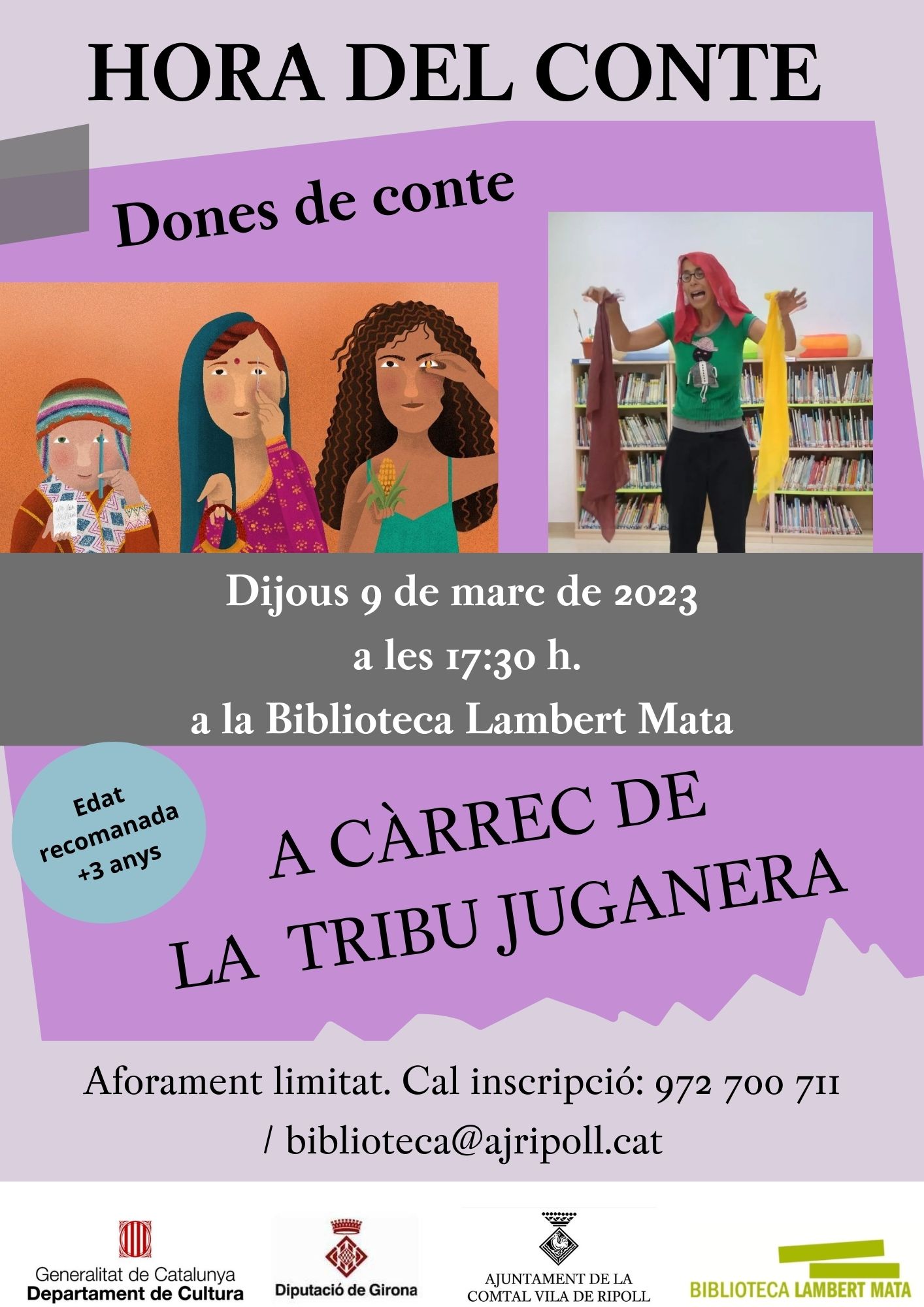 Cartell: hora del conte "Dones de conte" a càrrec de la Tribu juganera