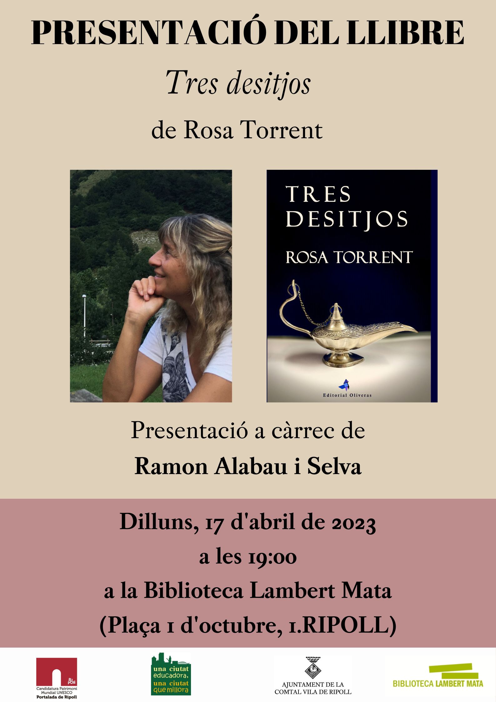 Cartell presentació del llibre "Tres desitjos" de Rosa Torrent