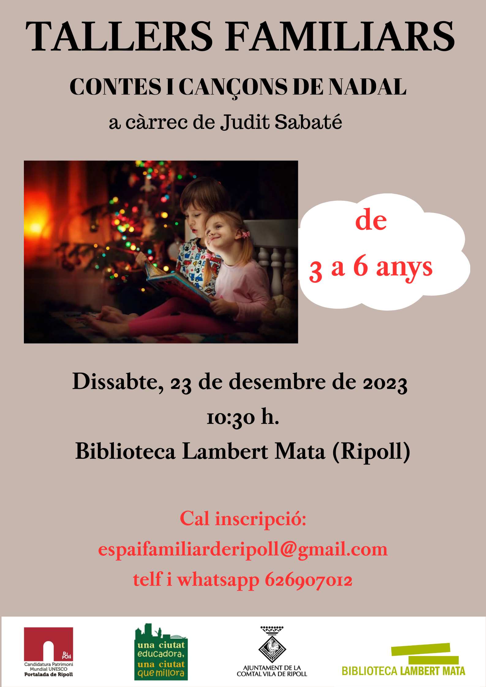 Cartell tallers familiars contes i cançons de nadal a càrrec de Judit Sabaté