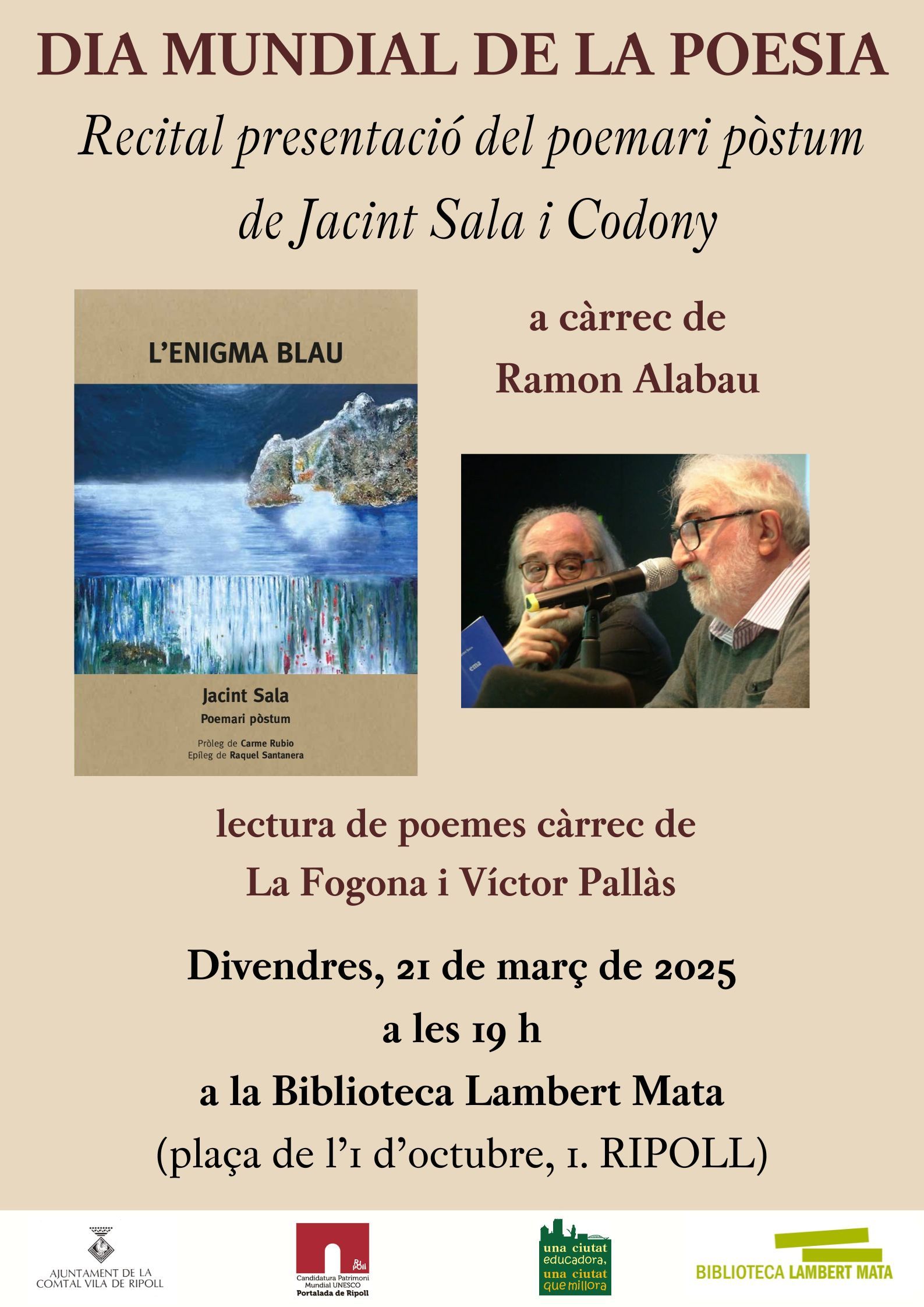 Cartell presentació -Recital "l'enigma blau" Jacint Sala a Ripoll