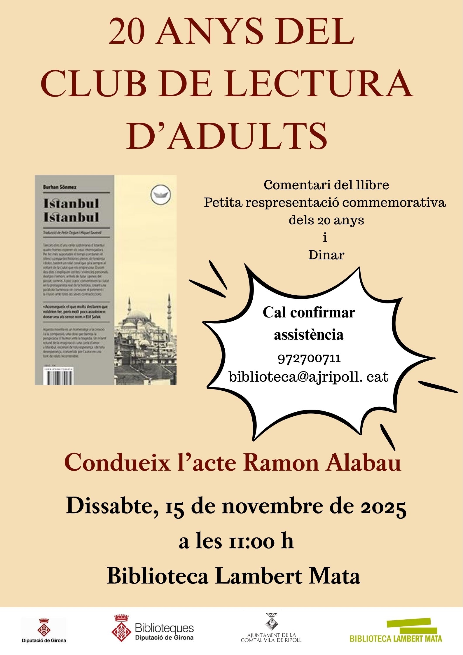 Cartell 20 anys club de lectura adults novembre 2025 Ripoll
