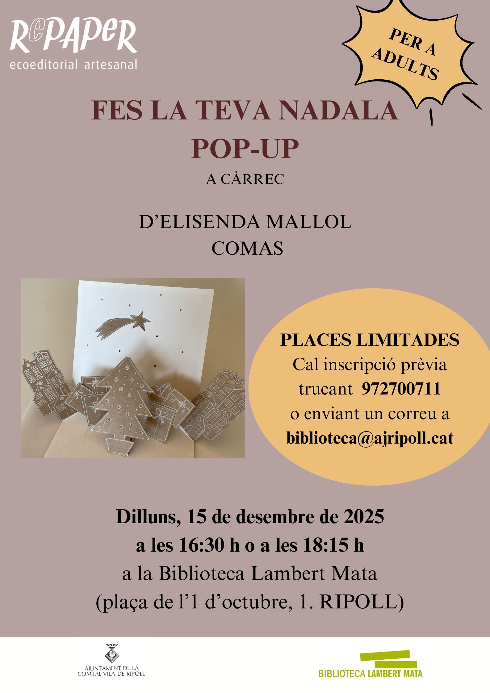 Cartell taller Fes la teva nadala pop-up Ripoll