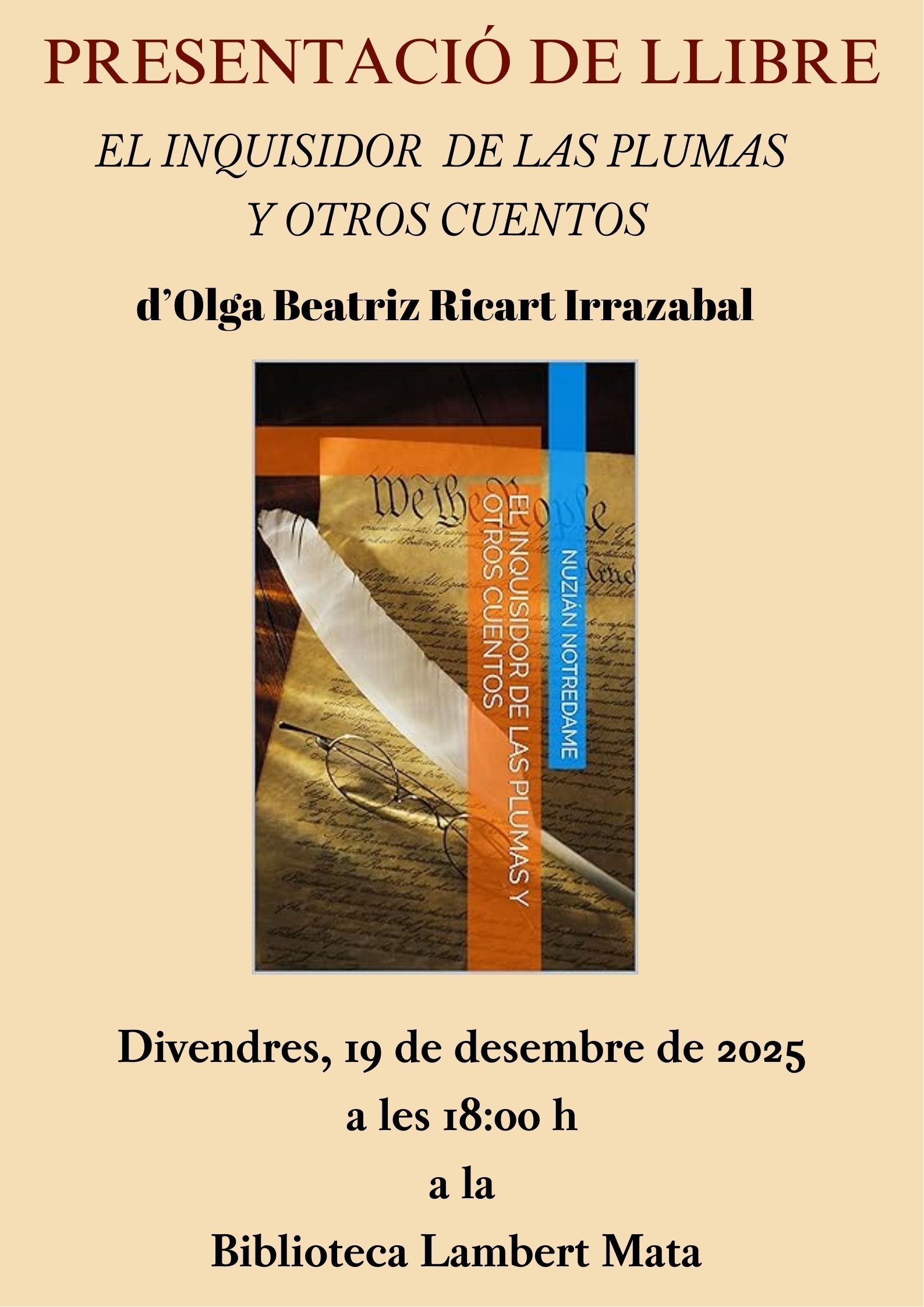 Cartell presentació llibre El inquisidor de las plumas y otros cuentos