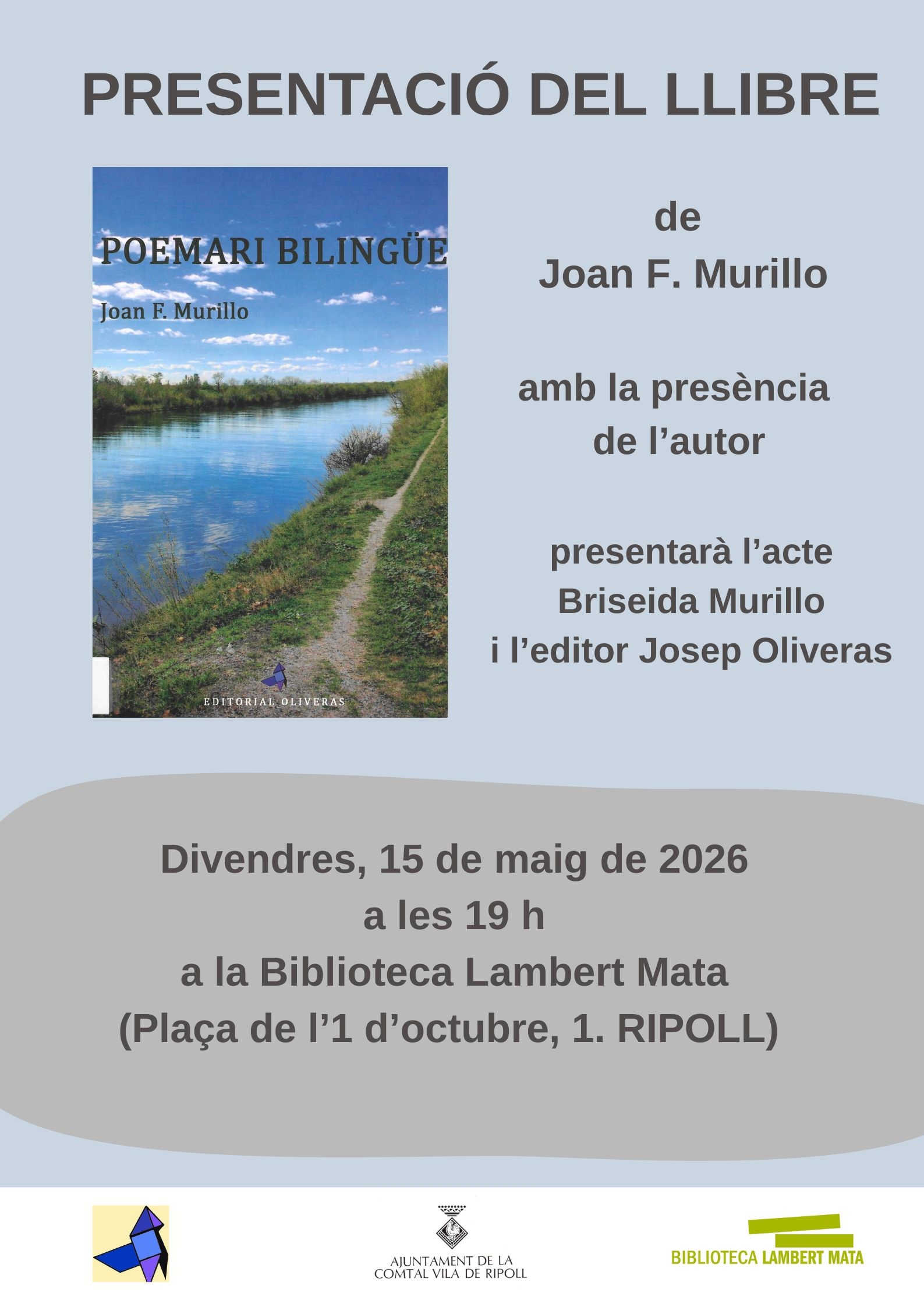 Cartell bo presentació llibre Joan Murillo 15 maig Ripoll